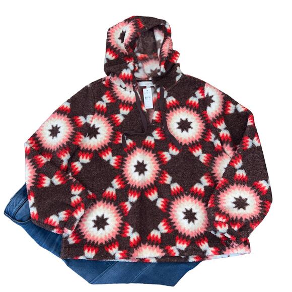 NWT LOFT Chocolate Brown, Red, Pink & Cream Sunburst Sherpa Hoodie - Picture 2 of 10